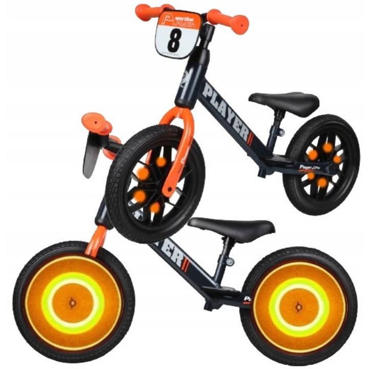 Bicicletă fără pedale QPlay Player, cu inele LED, roți gumate EVA 12", negru-portocaliu, 3-6 ani