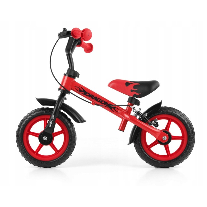 Bicicletă fără pedale Milly Mally Dragon Air, roșie, 10 inch, cadru din aluminiu, frână de mână