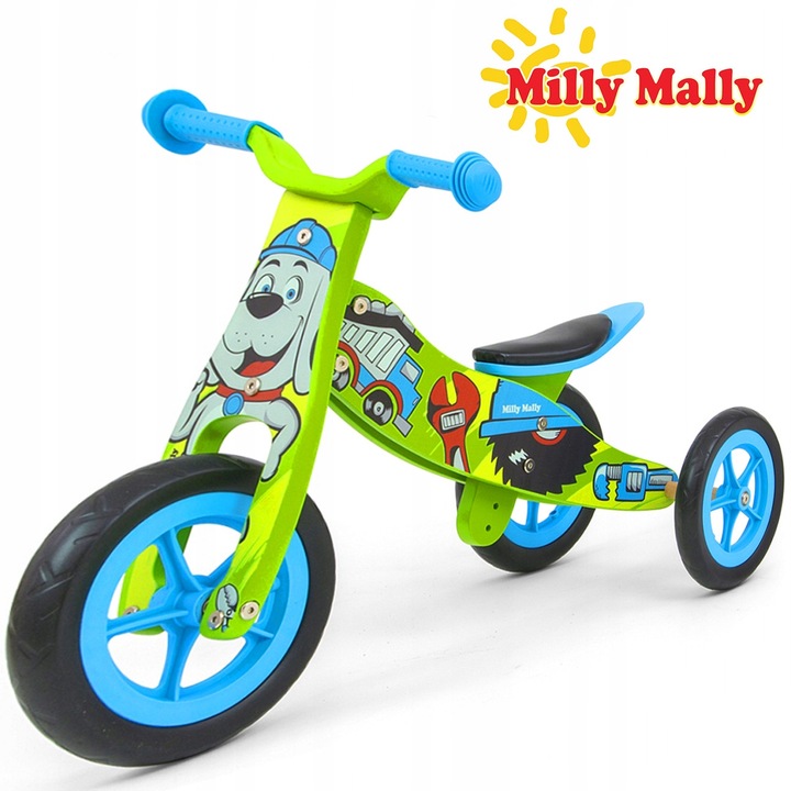 Tricicleta si bicicleta fara pedale 3in1 Milly Mally Look, lemn, sa reglabila, manere antiderapante