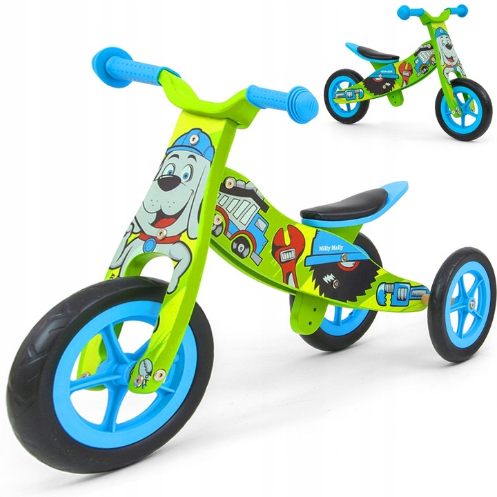 Tricicleta si bicicleta fara pedale 3in1 Milly Mally Look, lemn, sa reglabila, manere antiderapante