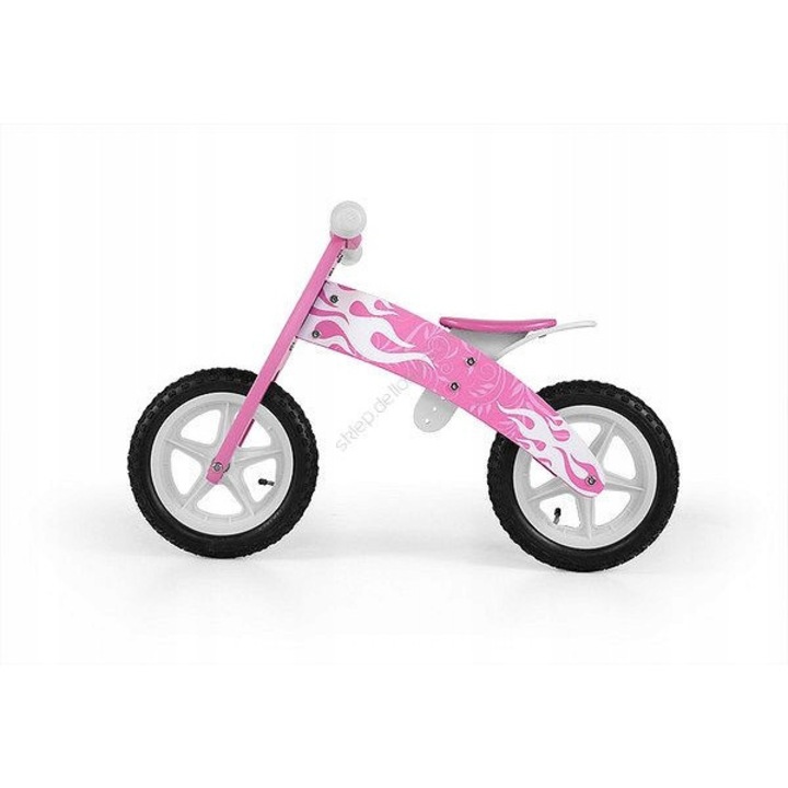 Bicicletă fără pedale Milly Mally Flip, roz, 12 inch, cadru din lemn rotativ, manere antiderapante