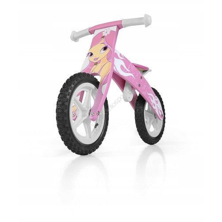 Bicicletă fără pedale Milly Mally Flip, roz, 12 inch, cadru din lemn rotativ, manere antiderapante