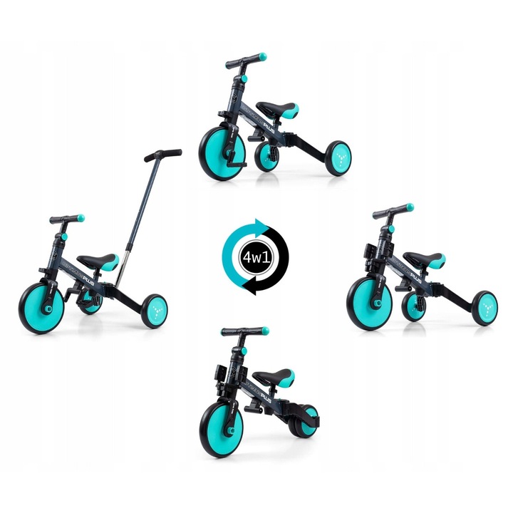 Tricicleta 4 in 1 Milly Mally, negru, pentru copii de la 12 luni, cu maner parinte, transformabila în bicicleta de echilibru