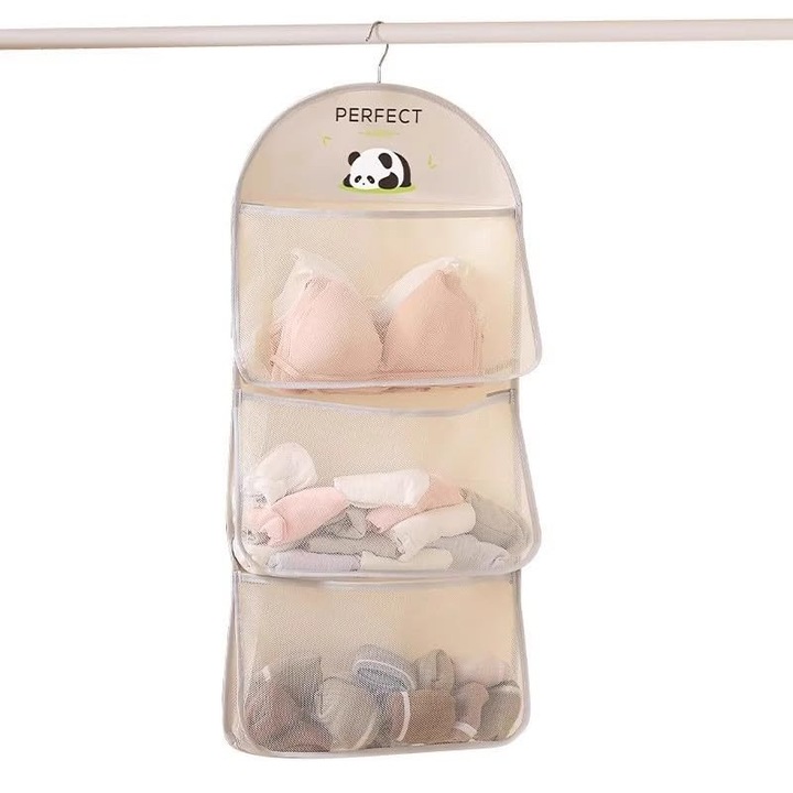 Органайзер за дрехи, бежов, 3 слоя с мрежест мотив, с метална закачалка