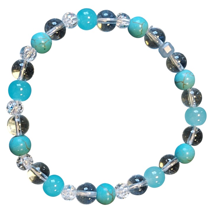 Bratara lucrata manual din tucoaz, cuart clar, calcedonie de 8mm si cuart crapat de 4mm