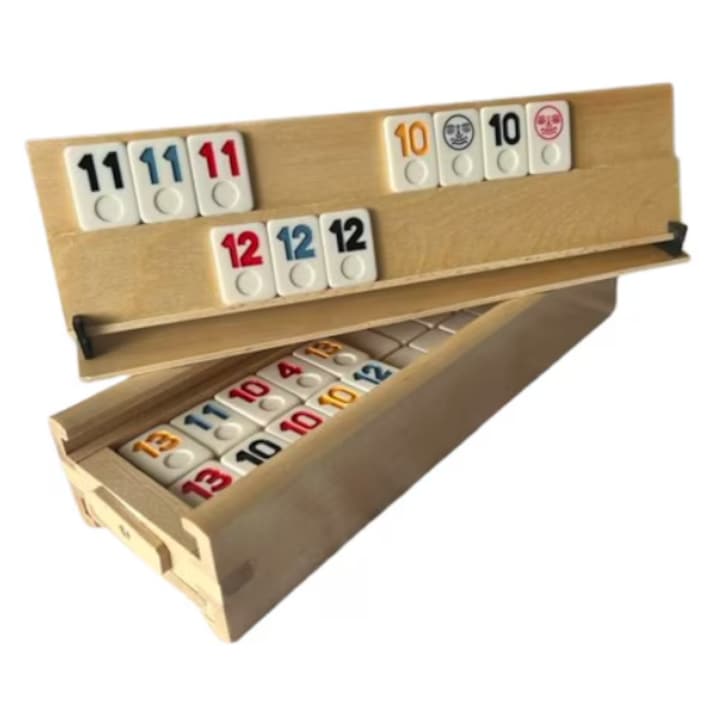 Set joc de societate Rummy, 106 piese, lemn masiv, piese piatra, pentru familie