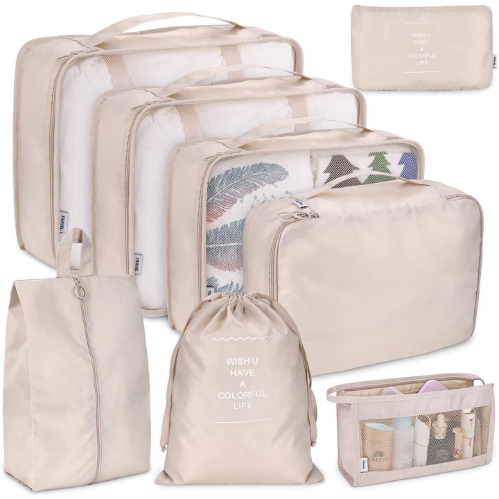 8 részes utazótáska szett, világosbézs, nylon anyag
