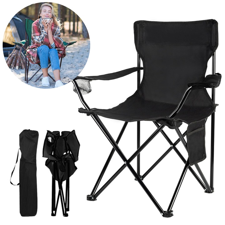 Сгъваем къмпинг стол, Bedee, с подлакътници, поставка за чаши, черен, 80x45x45см