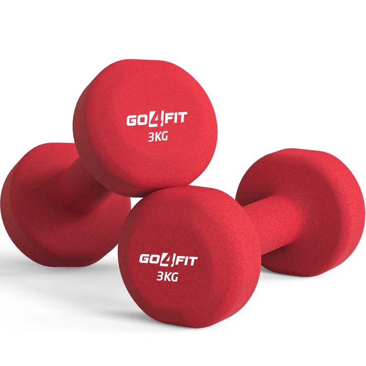 Set 2 Gantere Fitness GO4FIT®, Greutate 6 kg (2 x 3 kg), Interior Fonta Solida si Invelis Neopren, Design Ergonomic Anti-roll, Suprafata Antiderapanta, Impermeabile, Antrenamente Acasa, Aerobic sau Sala Forta, Protejeaza Podeaua, Rosu