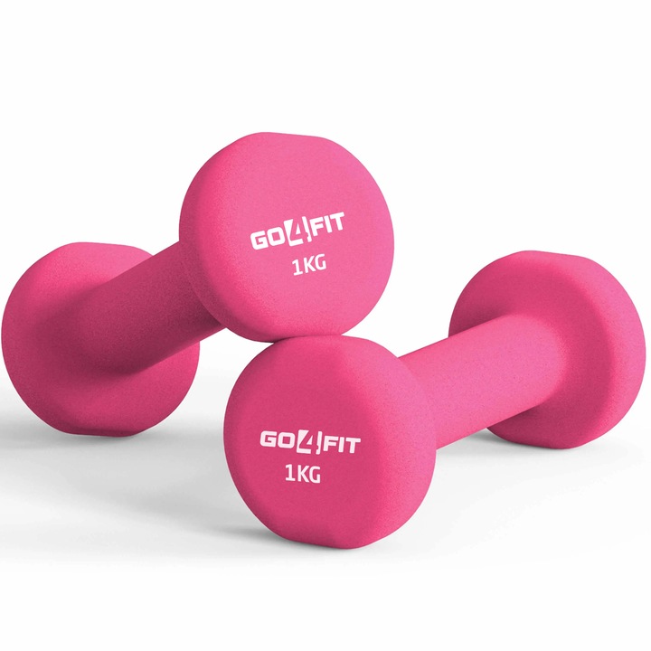 Set 2 Gantere Fitness GO4FIT®, Greutate 2 kg (2 x 1 kg), Interior Fonta Solida si Invelis Neopren, Design Ergonomic Anti-roll, Suprafata Antiderapanta, Impermeabile, Antrenamente Acasa, Aerobic sau Sala Forta, Protejeaza Podeaua, Roz