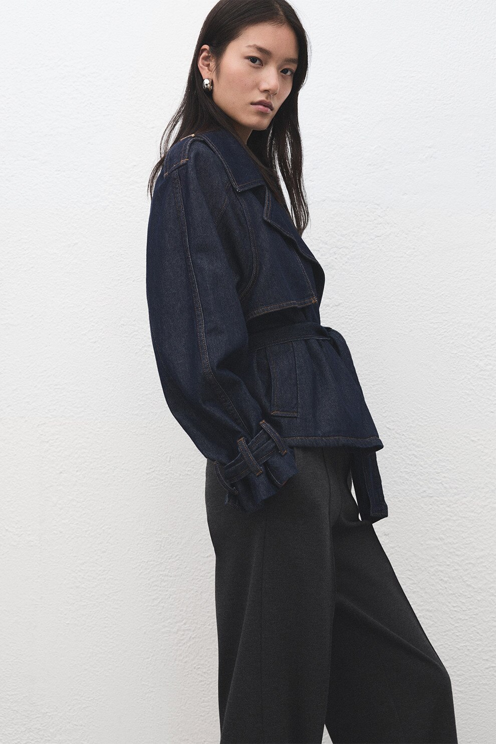 Mango, Pantaloni drepti cu talie inalta, Gri inchis, L