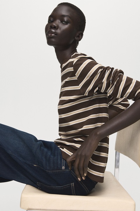 Mango, Bluza cu dungi si decolteu rotund, Alb/Alb fildes/Maro, S