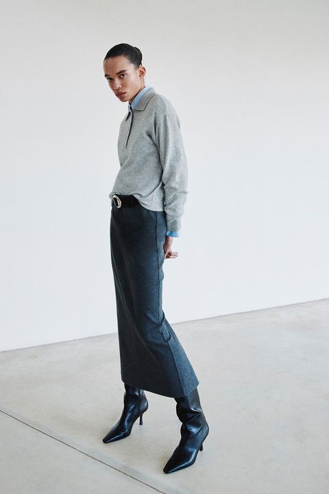 Mango, Pulover polo din amestec de lana, Gri deschis