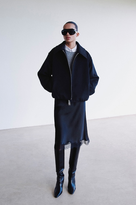 Mango, Jacheta din amestec de lana cu fermoar, Bleumarin, XS