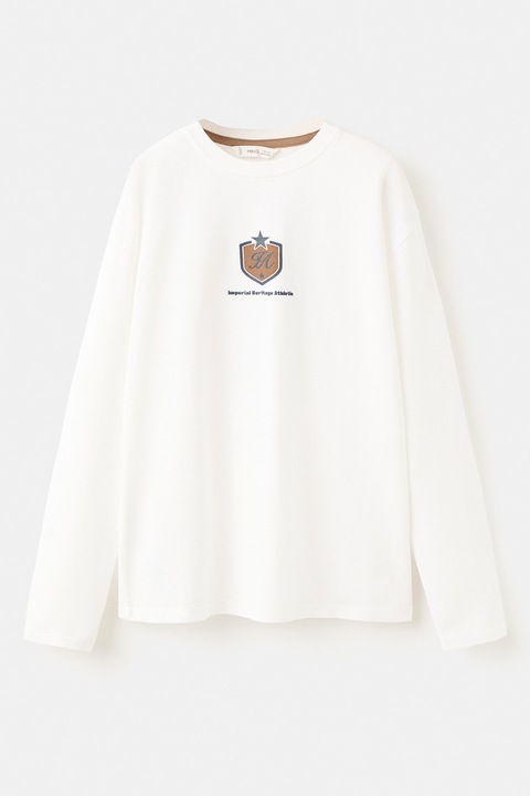 Mango, Bluza de bumbac cu design grafic, Alb/Maro/Gri carbune