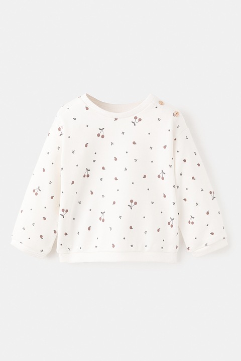 Mango, Bluza de trening de bumbac cu model, Alb murdar/Rosu deschis