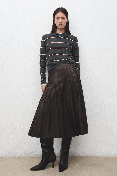 Mango, Bluza polo din amestec de lana cu dungi, Alb/Gri inchis