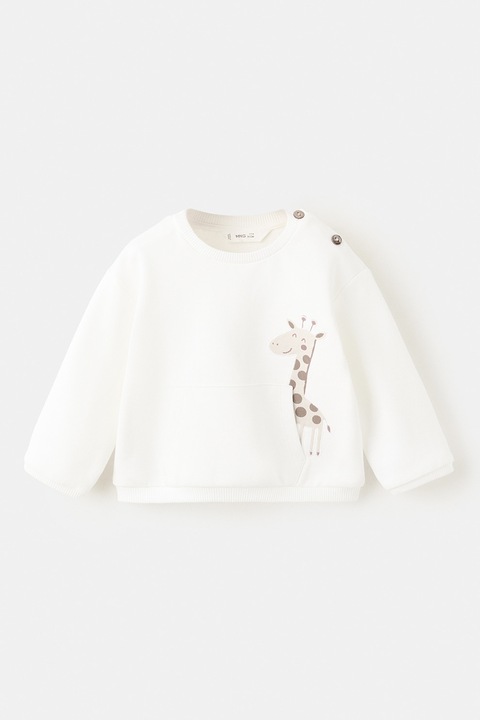 Mango, Bluza de trening de bumbac cu imprimeu si buzunar kangaroo, Alb fildes/Maro pal
