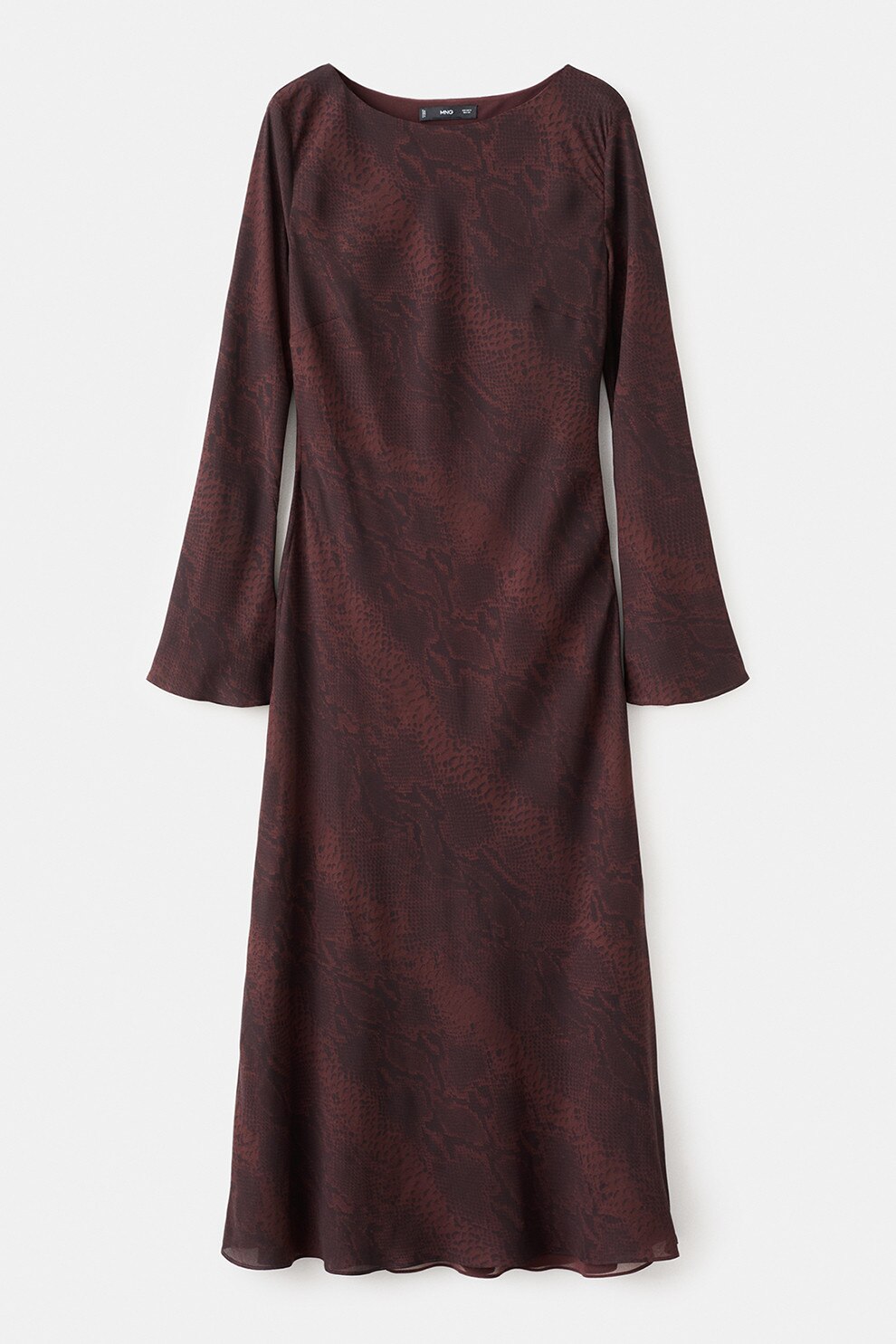 Mango, Rochie cu maneci lungi si imprimeu sarpe, Maro cognac, Negru stins, M