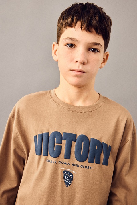 Mango, Bluza de bumbac cu text, Gri carbune/Maro deschis