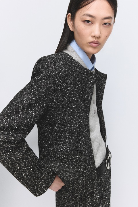 Mango, Jacheta cu decolteu la baza gatului si nasturi, Negru stins/Gri antracit, XS