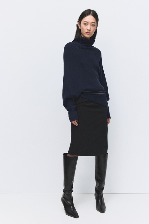 Mango, Pulover asimetric cu guler inalt, Bleumarin