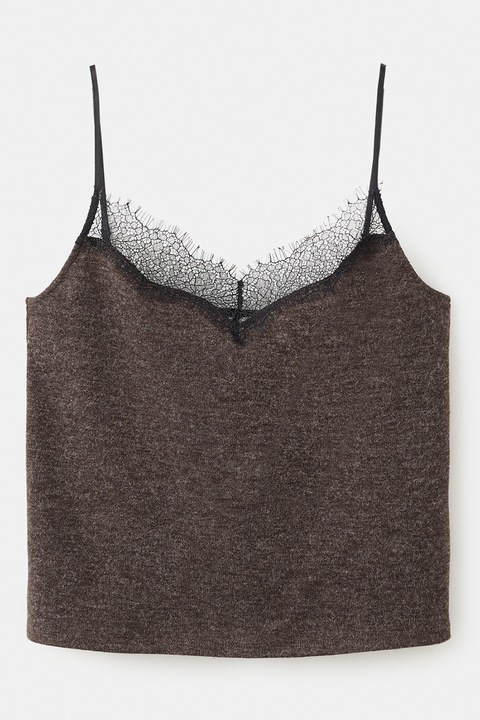 Mango, Top crop cu bretele inguste si insertii de dantela, Maro inchis