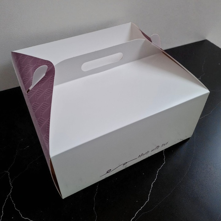 Cutii tort Bioreca 28x28x13.5cm, set 25 buc, alb cu mov