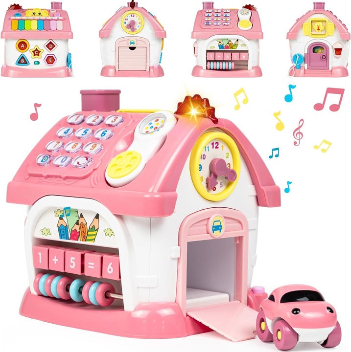 Jucarie Interactive pentru Bebelusi, Excitat@, Casa invatarii cu muzica, Activitati 8-in-1, Jucarii Montessori, Casuta cu forme, lumini si sunete