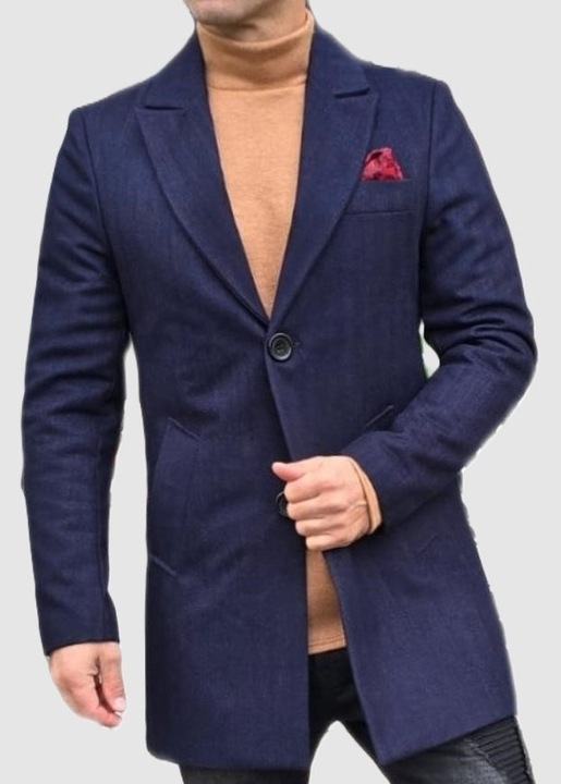 Palton barbati, Sunt Romanesc, stofa groasa captusit cu matlasata, casual, bleumarin cu model bradut si insertii de maro, marimea XL