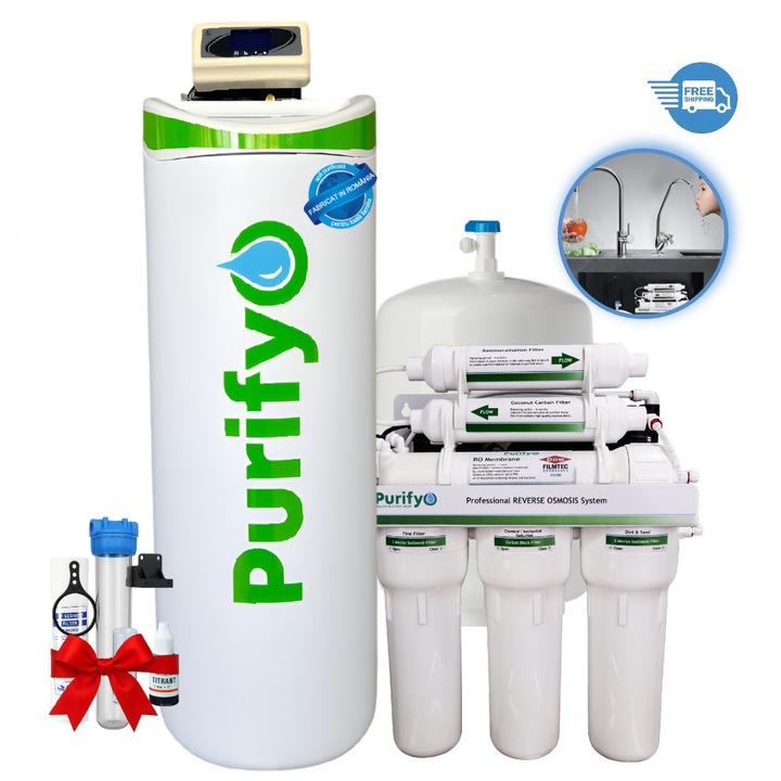 Statie de dedurizare si Purificator apa prin osmoza inversa in 6 etape Purifyo® Dedurizator apa profesional 5-8 pers., reduce duritatea apei de la 55 grade germane, afisaj electronic, reglare duritate finala, + tester si filtru sedimente