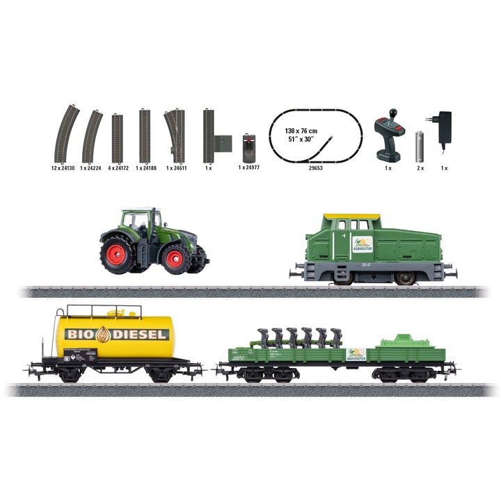 Set trenulet electric Marklin "Ferma", locomotiva diesel, 2 vagoane, tractor, multicolor, circuit sine 130x76 cm, recomandat de la 6 ani