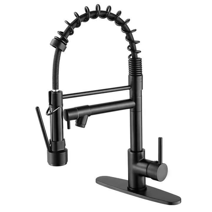 Baterie Sanitara, Amalux®, Baterie Lavoar Cu LED Si Pipa Flexibila, Baterie Bucatarie Cu Doua Cai De Evacuare Apei, Pulverizator Detasabil Pivotant 360° Cu Sistem De Blocare, Realizata Din Otel Inoxidabil Rezistent, Design Modern Si Elegant, Finisaj Negru