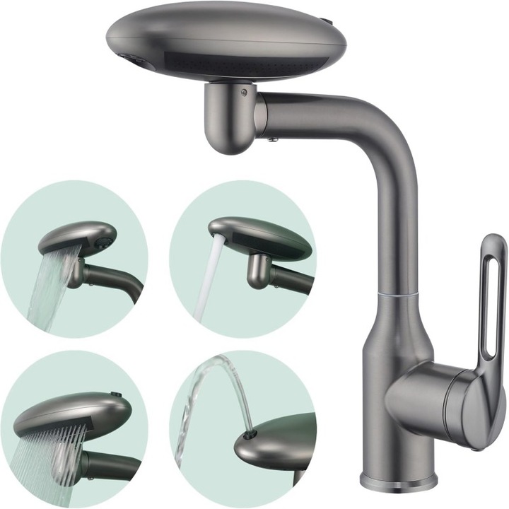 Baterie lavoar multifunctională gri-aprins, rotativă 360, design futurist