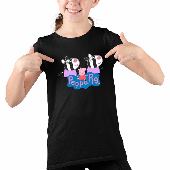Tricou Copii Fete Zebrele Gemeni Zuza Zaza Peppa Pig, Fekete