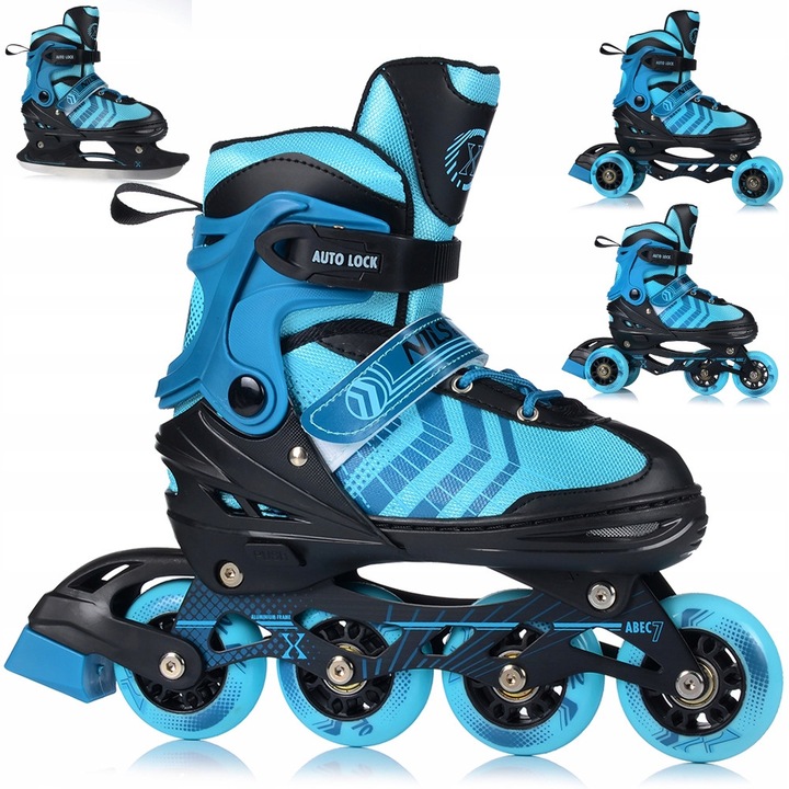 Role si patine reglabile 4-in-1 pentru copii – patine, role, patine cu roti, role-patine, roti PU, rulmenti ABEC-7, Nils Extreme NH18192, marimea M 34–38, Negru-albastru