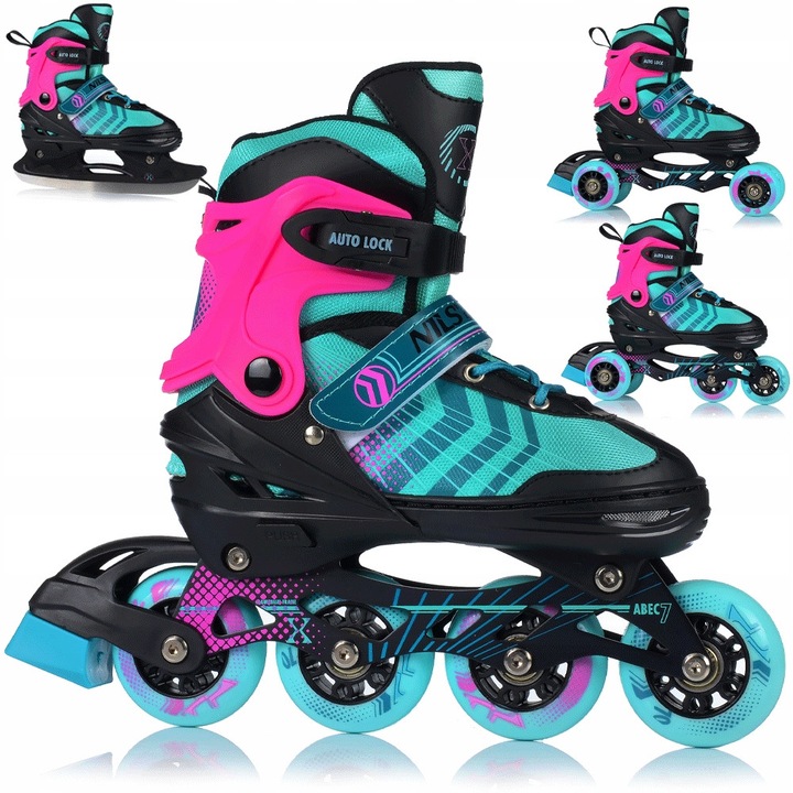 Role si patine reglabile 4-in-1 pentru copii – patine, role, patine cu roti, role-patine, roti PU, rulmenti ABEC-7, Nils Extreme NH18192, marimea L 39–42, Negru-violet