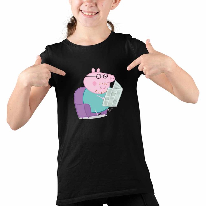 Tricou Copii Fete Tata Purcelusa Peppa Citeste Ziarul, Fekete