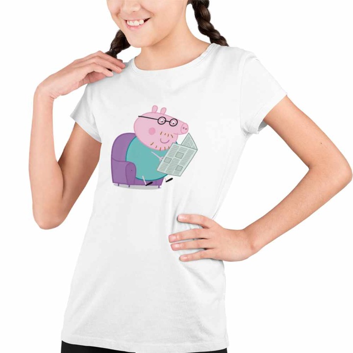 Tricou Copii Fete Tata Purcelusa Peppa Citeste Ziarul, Fehér