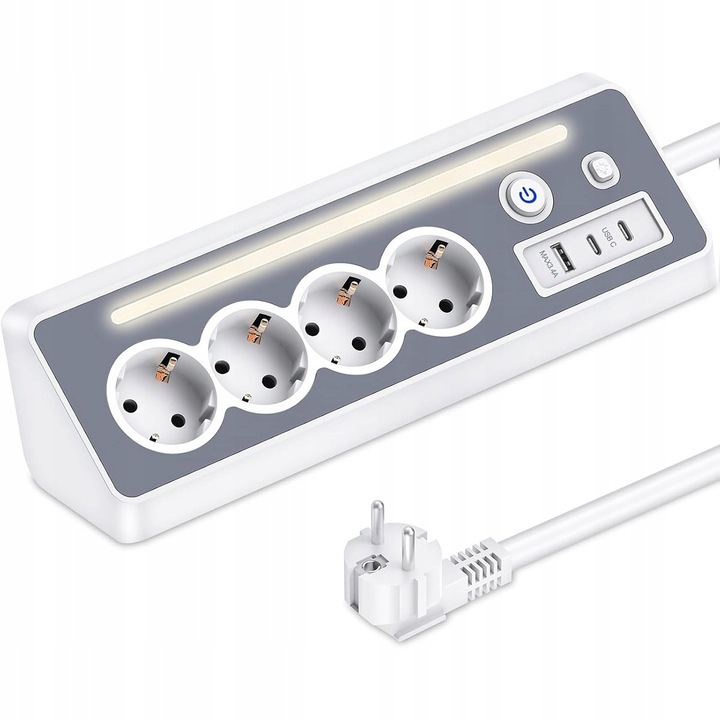 Priză multiplă triunghiulară, 4 prize Schuko, 2 USB-C, 1 USB-A, protecție supratensiune, alb, 1.5m