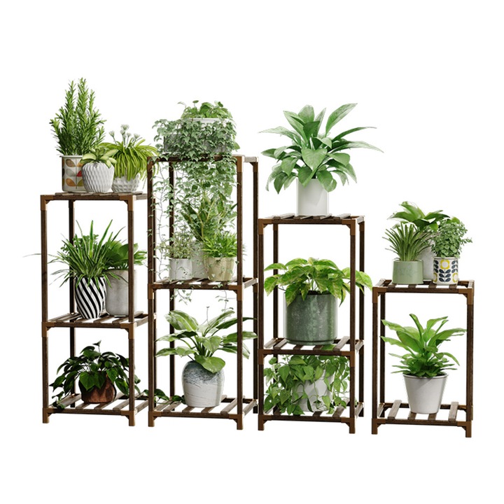 Set de 4 suporturi pentru plante Forthcan, rafturi de flori cu mai multe niveluri, din lemn, interior/exterior, pentru living, balcon și grădină