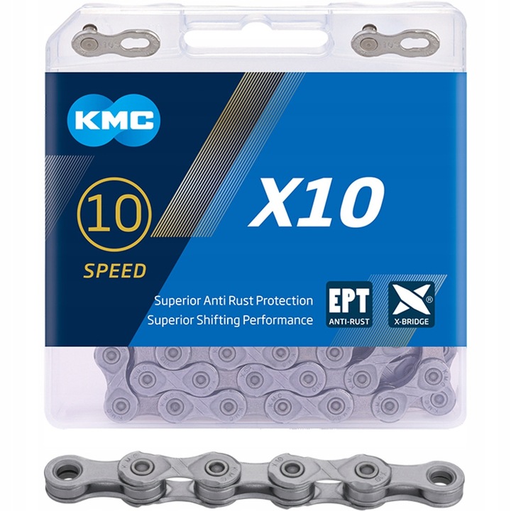 Lant biciclă KMC X10 EPT 10 viteze, 114 zale, argintiu, include pin rapid BOX