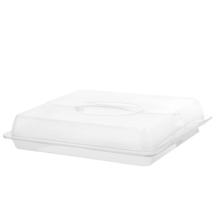 Плато Pufo Бисквитки с прозрачен капак за сервиране на торти, сладкиши, мъфини, тестени изделия, 40 x 28 см, бяло