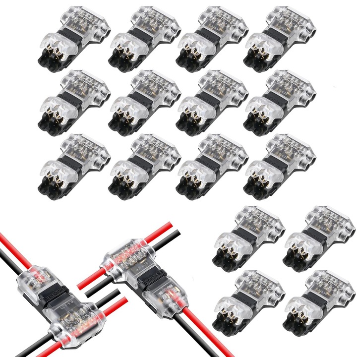 Set 18 Conectori 2 Pini Forma rapida T, 22-18 AWG, Negru