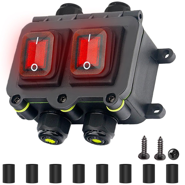 IP68 vízálló, beépített kábeles kapcsoló DPST DC 12V 20A, 4 érintkezős, vízálló doboz, BE/KI