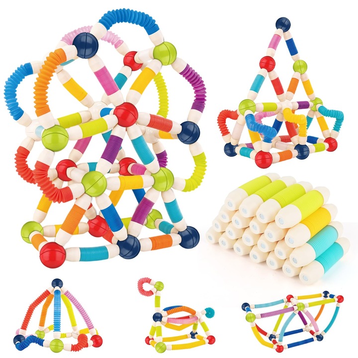 Mágneses játékok 3 éves fiúknak és lányoknak, 2 az 1-ben mágneses csövek és golyók, érzékszervi játékok a finommotoros készségek fejlesztéséhez, óvodai STEM oktatási játékok ajándék kisgyermekeknek és gyerekeknek (64 db)