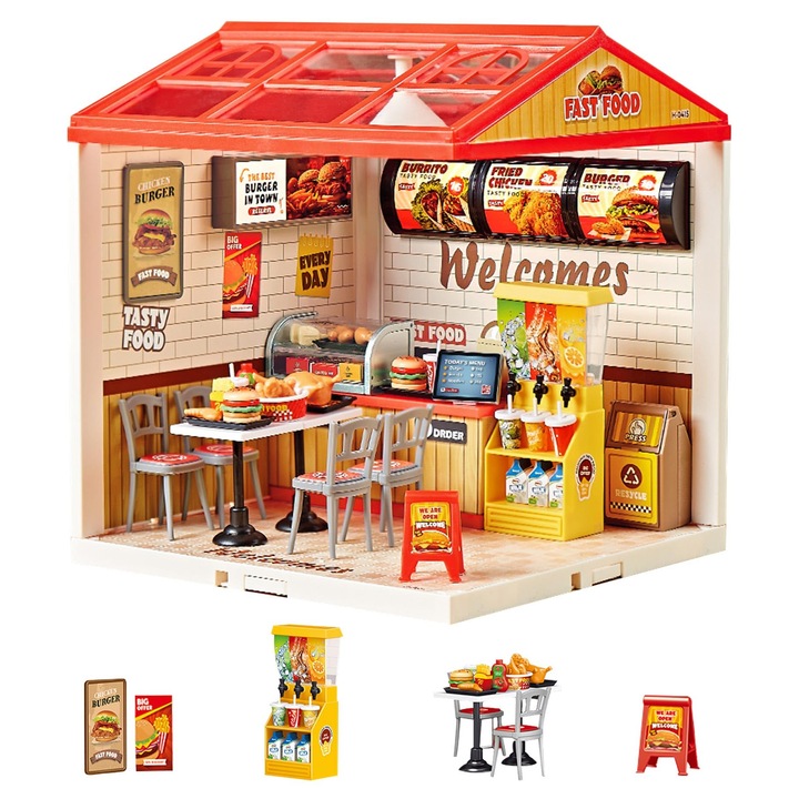 Barkács miniatűr ház készlet, apró ház építőkészlet bútorokkal és LED lámpával tinédzsereknek és kezdőknek, mini ház barkácskészlet, karácsonyi dekoráció/ajándékok családnak és barátoknak (finom gyorsétel)