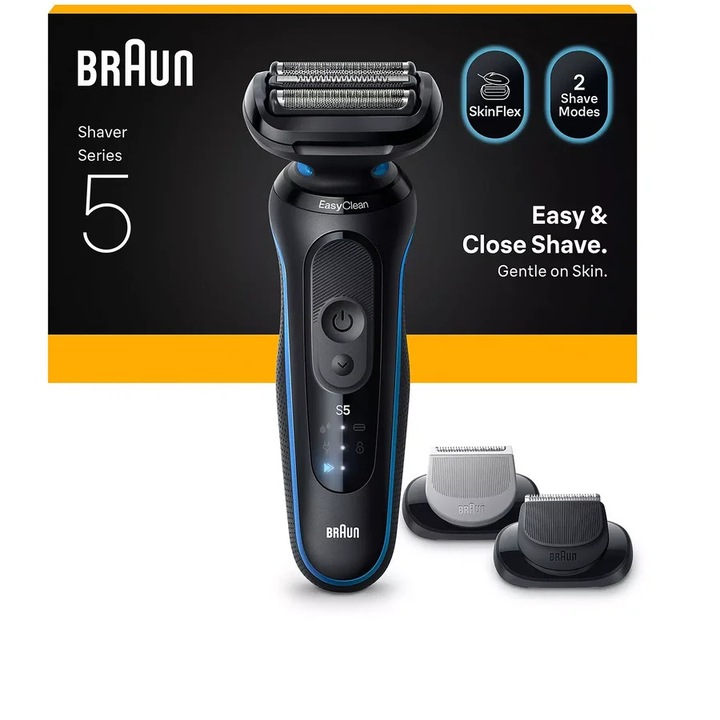 Електрическа самобръсначка Braun Series 5, 50 мин. автономност, 3 ножчета, черна/синя