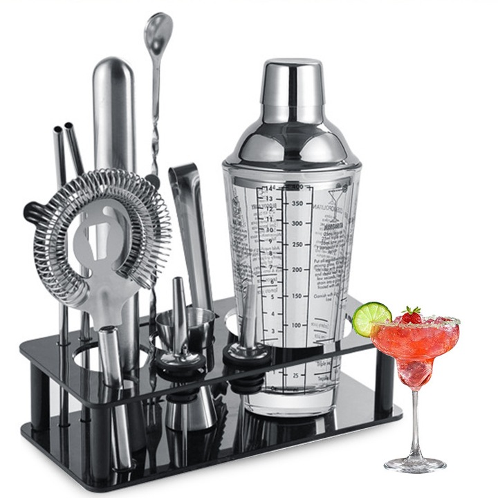 Set de Barman pentru Bauturi, Suport Acrilic, 14 piese, Storcator de Lamaie, 400 ml, Sticla Groasa, inox, Usor de Curatat, Set Barman Pentru Preparare Bauturi, Uz Casnic sau Bar, Argintiu