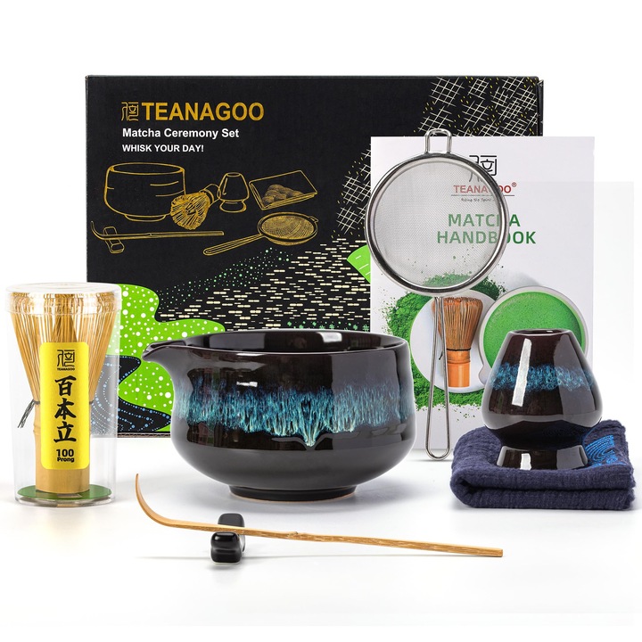 Set de Ceai Matcha Teanagoo, Tel Matcha, Bol Cu Dozator, Ceramica, Verde